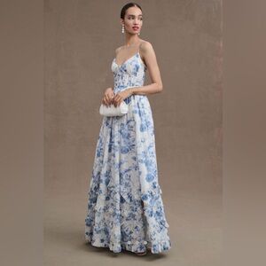 V. Chapman Carmen Corset Front Slit Ruffled Gown Provençal Blue Floral